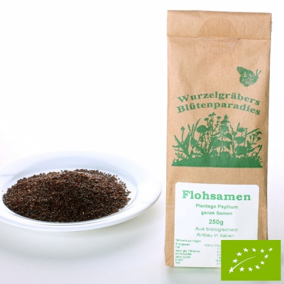 Pacote castanho com sementes de Plantago Psyllium e prato com sementes negras