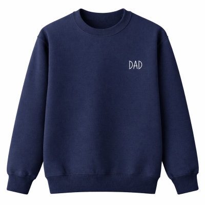 Sweatshirt azul escura com a palavra DAD escrita em branco no peito