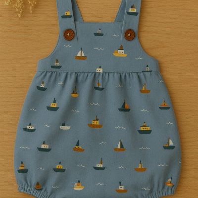 Fato de banho azul com padrão de barcos e botões castanhos