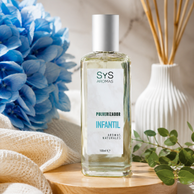 Pulverizador infantil SyS Aromas com embalagem transparente, fundo decorativo com flores e folhas