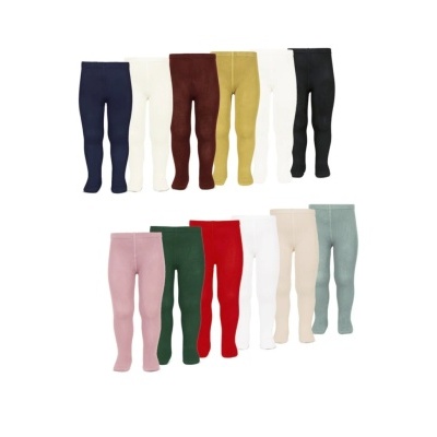 Leggings coloridas para crianças em várias cores sólidas organizadas em duas filas sobre fundo branco