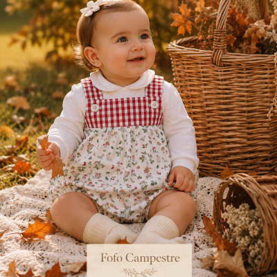 Bebé com roupa estampada sentada ao ar livre com cestos e folhas de outono