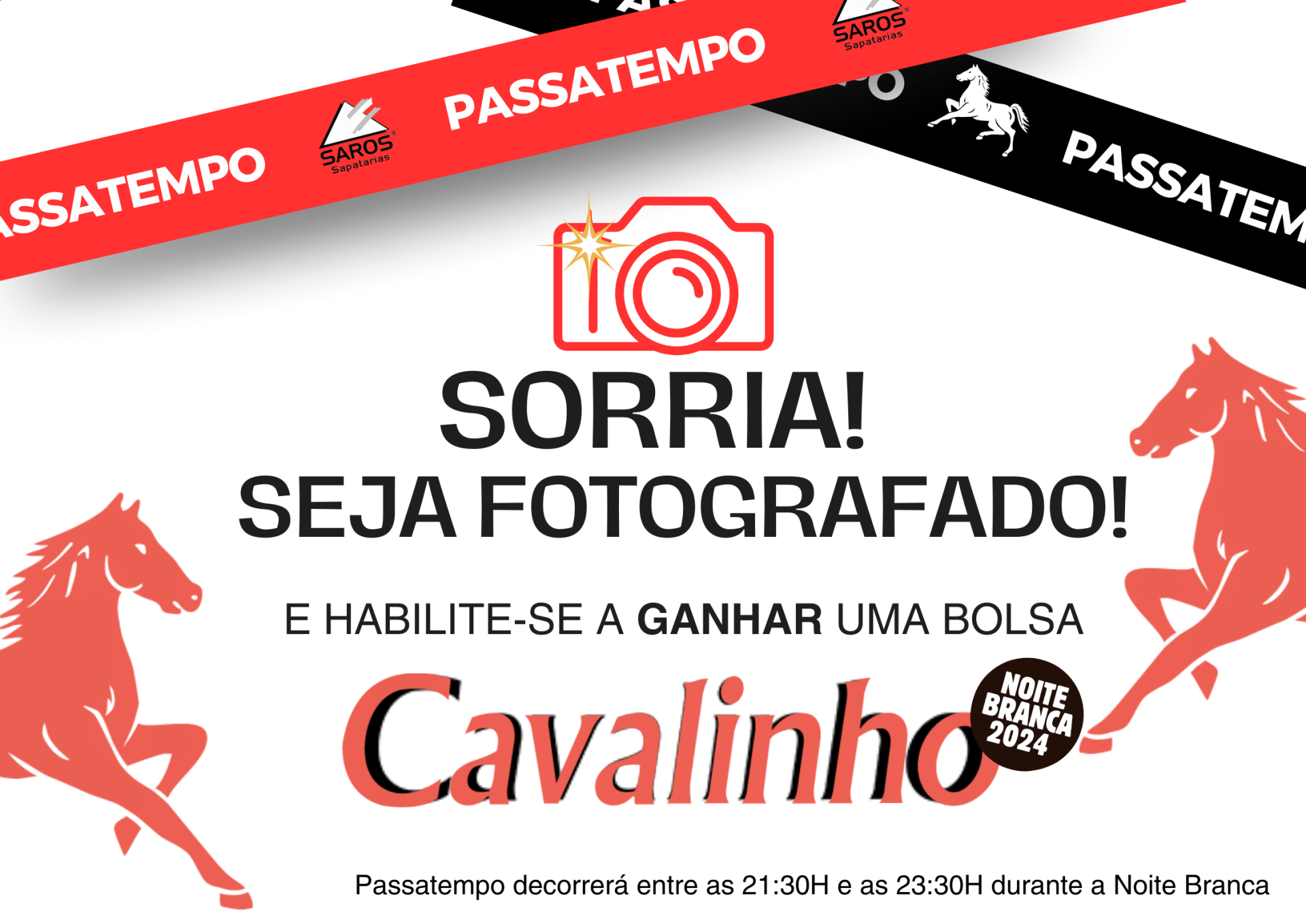 Cartaz promocional com texto em português e ilustrações de cavalos vermelhos