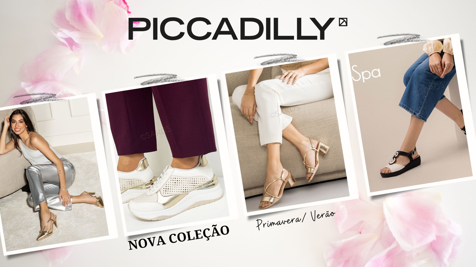 Calçado feminino PICCADILLY nova coleção Primavera/Verão em fundo claro com flores cor-de-rosa