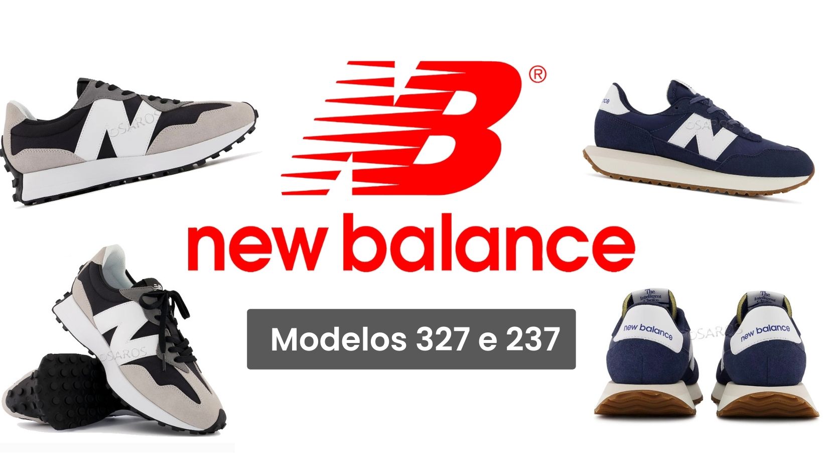 Quatro pares de ténis New Balance em vários ângulos com logotipo e textos visíveis