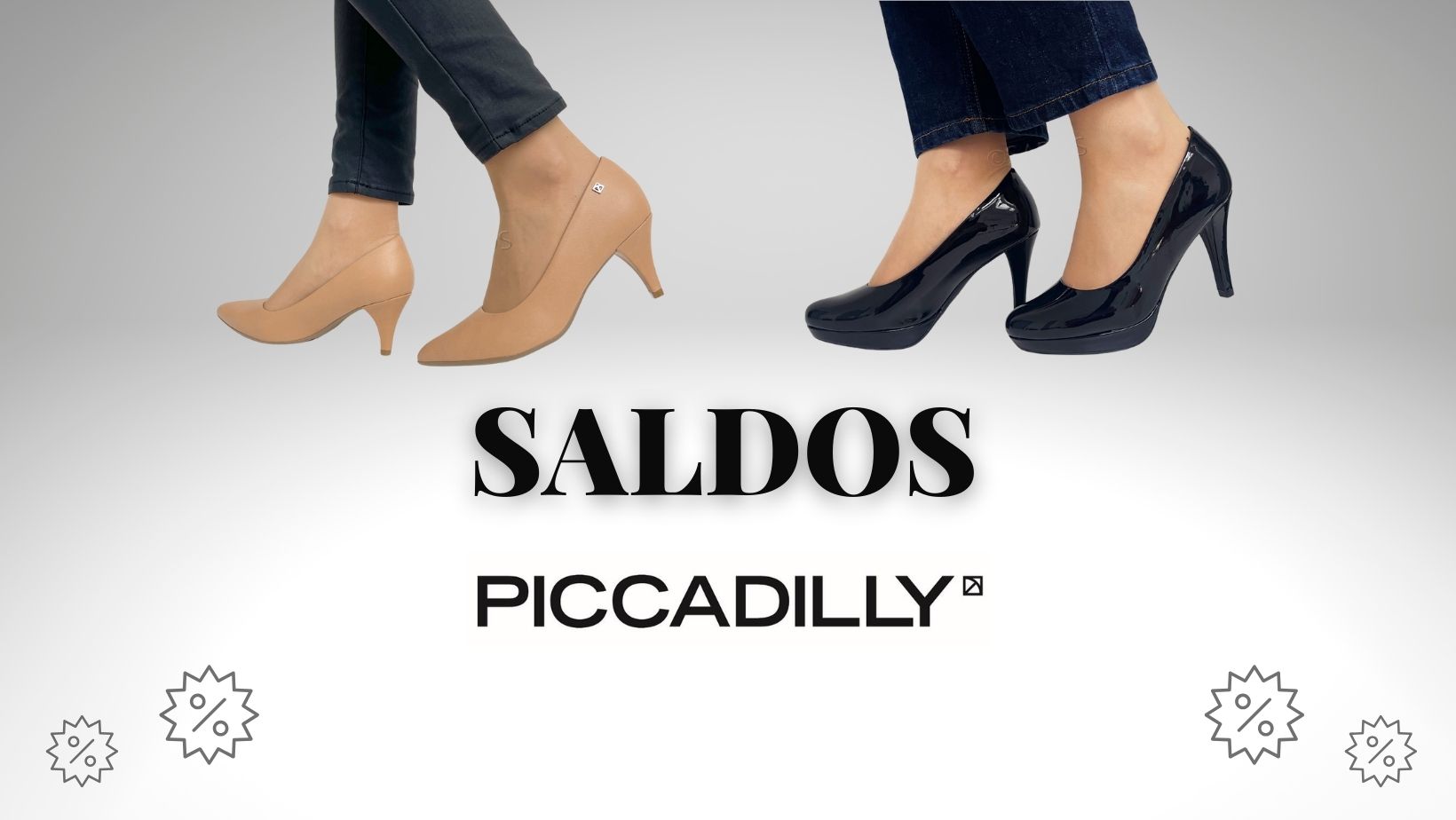 sapatos de salto alto bege e pretos com texto SALDOS e PICCADILLY