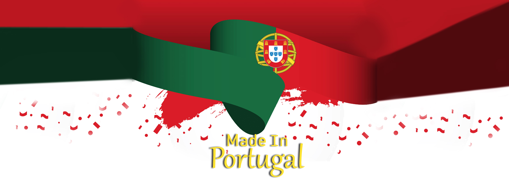 Fita verde com brasão e texto Made In Portugal em fundo vermelho e branco