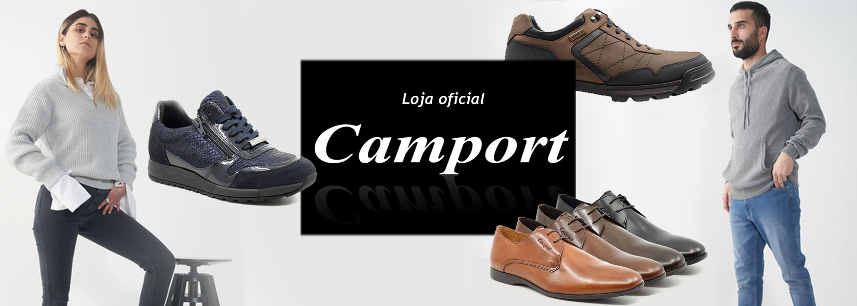 Modelos com sapatos Casuais Camport, vários pares em castanho, cinza e azul, com fundo branco e texto da loja oficial.