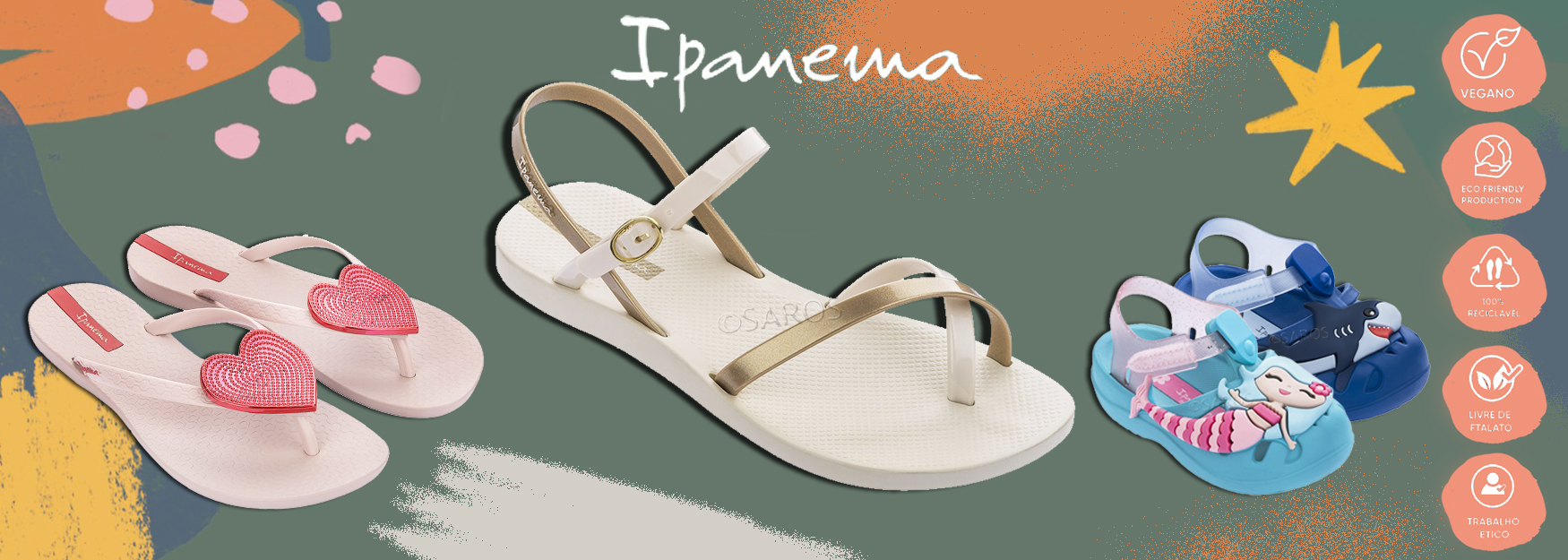 Quatro chinelos Ipanema infantis em cores rosa, branco, azul claro e azul escuro sobre fundo colorido com texto.