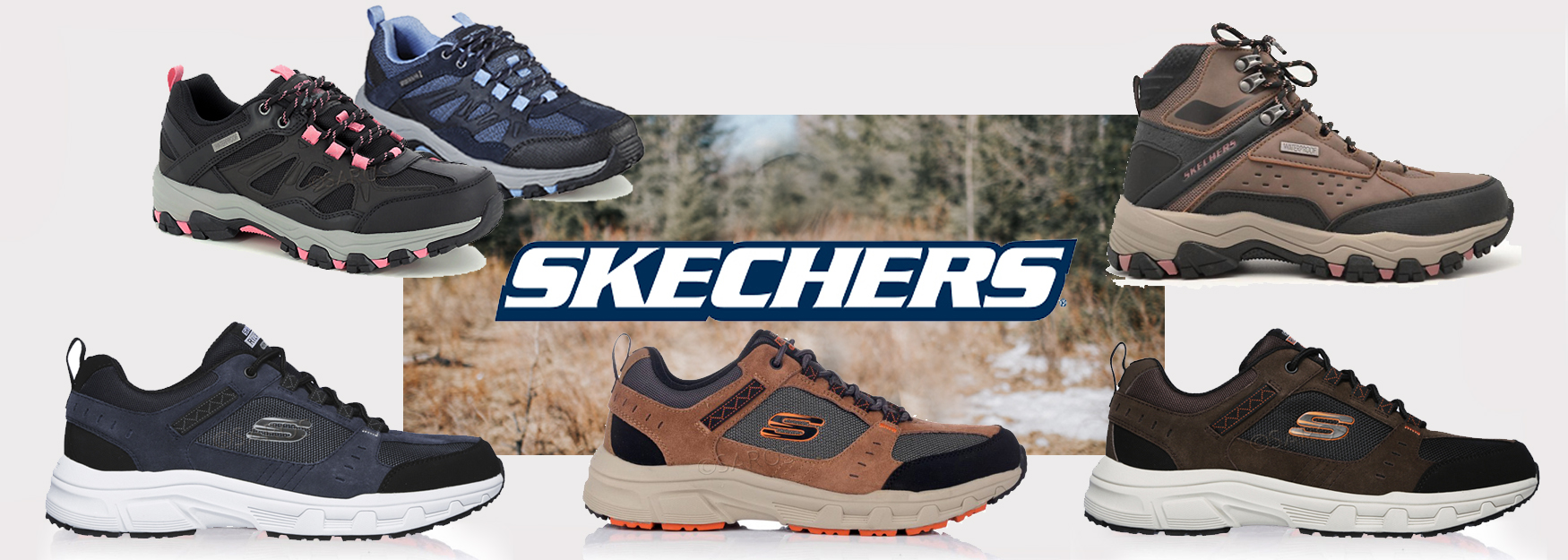 Seis pares de sapatilhas Skechers outdoor em várias cores e o logo Skechers ao centro