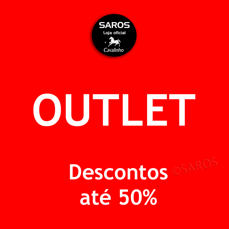 Promoção outlet com desconto até 50% e logo SAROS Cavalinho