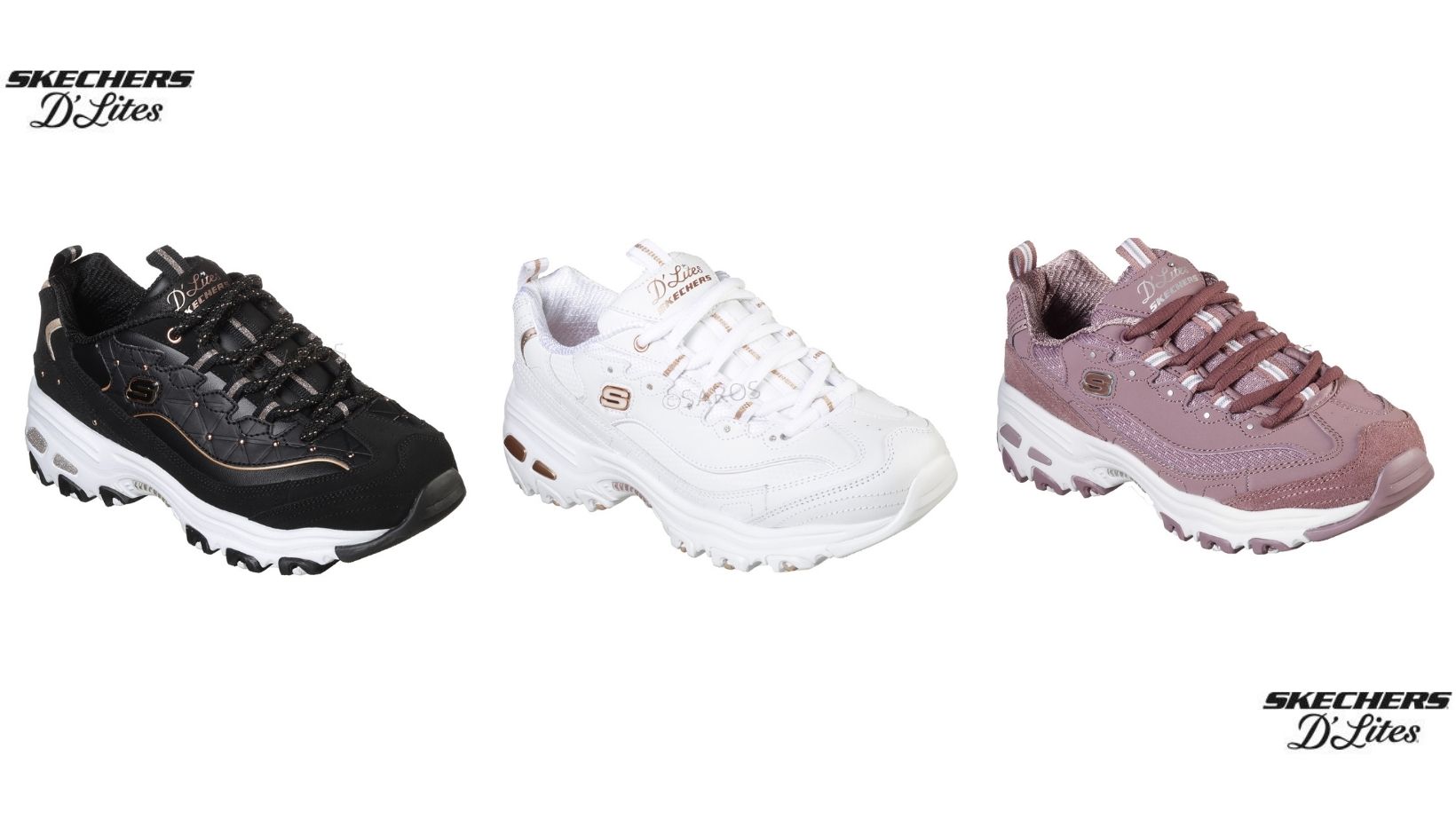 Três pares de sapatilhas Skechers D’Lites em preto, branco e rosa sobre fundo branco