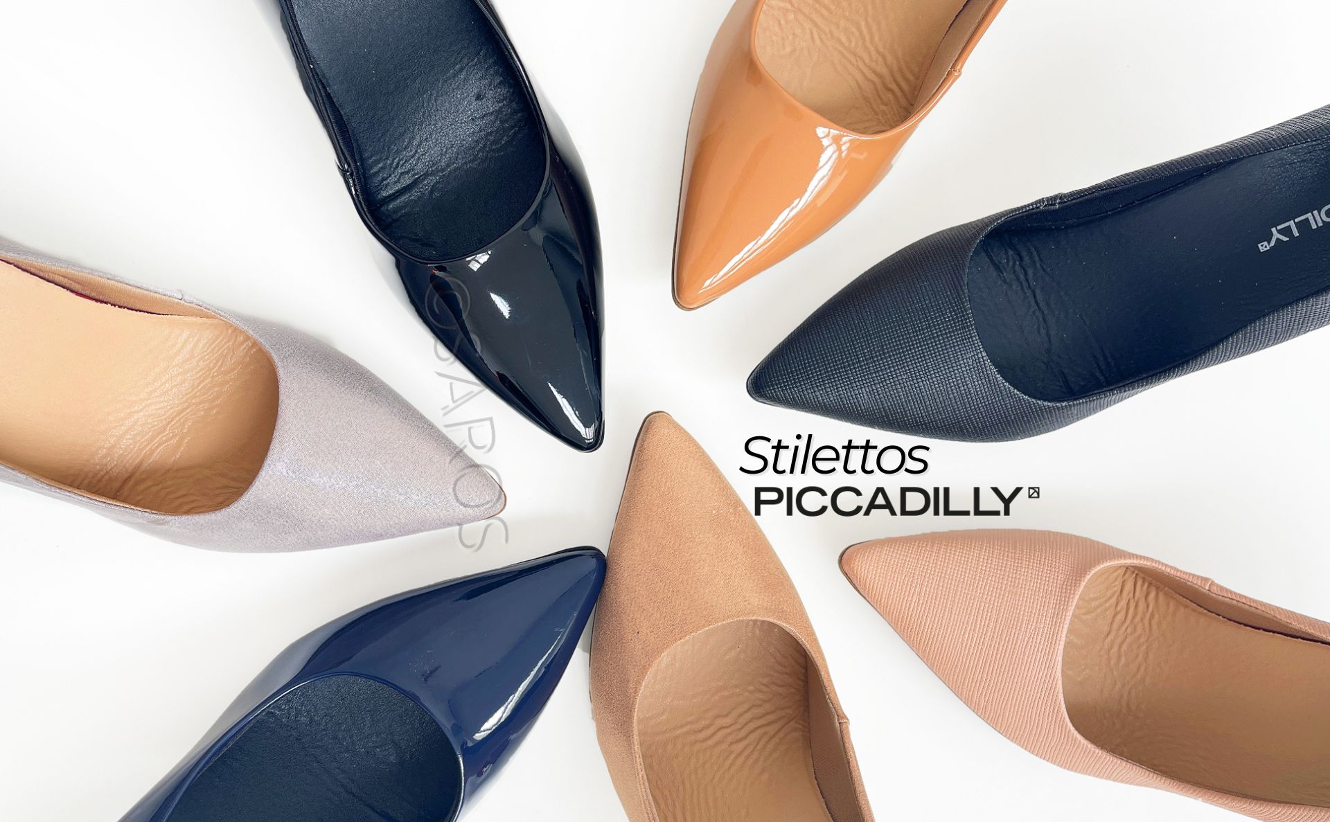 Seis stiletto de várias cores e texturas dispostos em círculo com texto Stilettos PICCADILLY