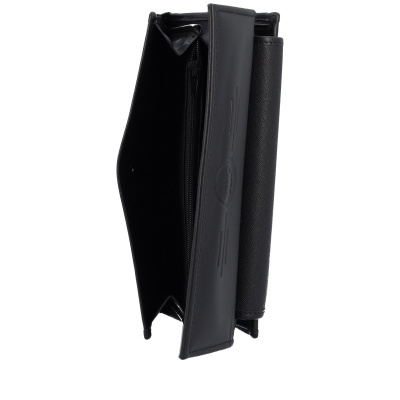 Carteira preta em pele e tecido com fecho e compartimentos