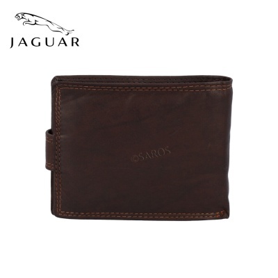 Carteira masculina de couro castanho escuro com a palavra SAROS gravada