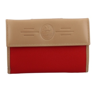 Carteira bege e vermelha com logotipo Cavalinho em relevo