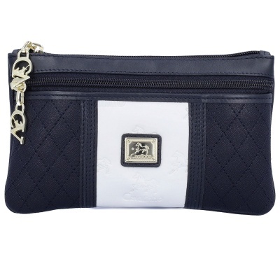 Carteira azul escura e branca com zíper e logo Cavalinho