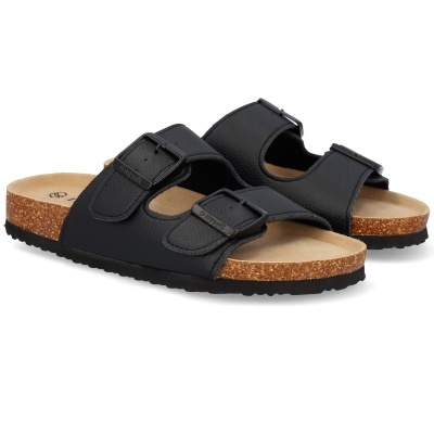 Sandálias pretas com duas tiras e fivelas, sola de cortiça e base preta