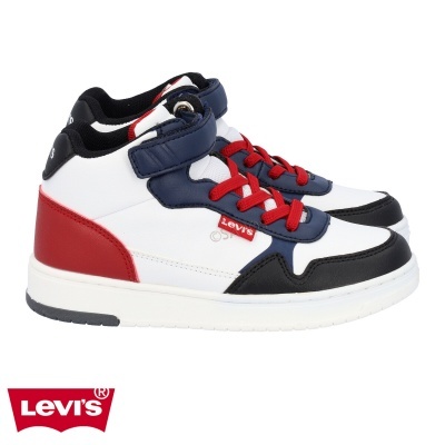 Ténis Levi's brancos, azuis escuros, vermelhos e pretos com atacadores vermelhos e etiqueta Levi's