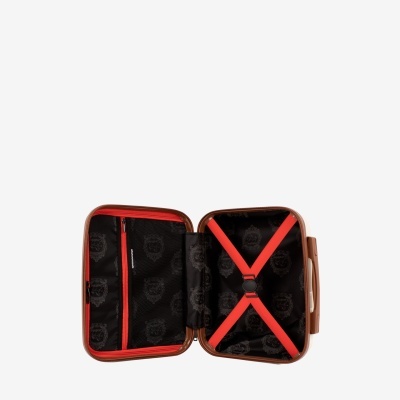 Mala de viagem castanha aberta mostrando interior forrado preto com padrão Cavalinho e divisória vermelha.