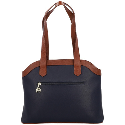 Mala tote azul escuro com detalhes castanhos e fecho de correr frontal