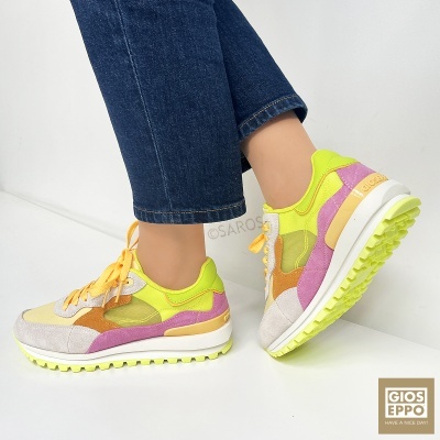 Ténis Gioseppo amarelo néon, rosa e bege com sola branca e amarela e atacadores amarelos