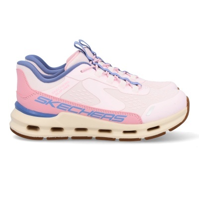 Ténis desportivos rosa claro com detalhes azuis e sola espessa cremosa Skechers