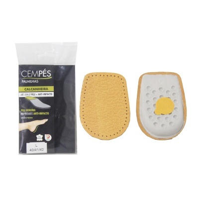 Palmilhas Cempés Calcanheira em pele castanha com verso branco e proteção amarela, embalagem preta com texto e tamanho 40/41/42