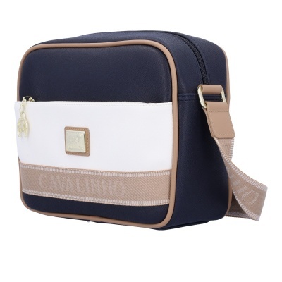 Saco de ombro retangular azul, branco e bege da Valentino com alça e fecho dourado