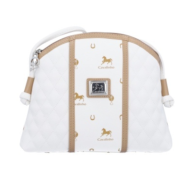 Mala de mão branca com detalhes em bege e estampas douradas