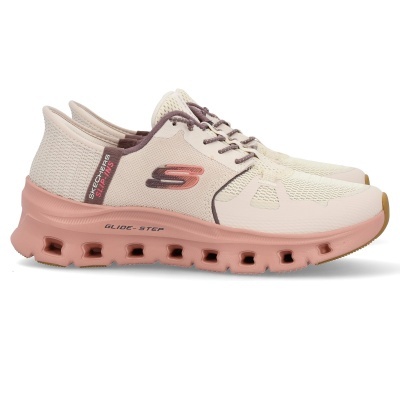 Ténis Skechers Slip-ins bege e rosa com sola rosa e detalhes castanhos