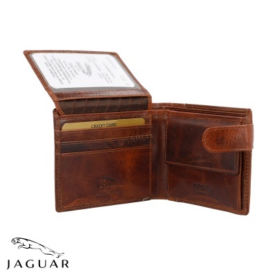 Carteira masculina Jaguar em couro castanho aberta mostrando compartimentos internos.