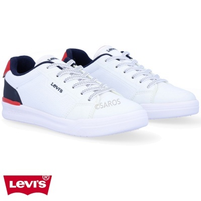 Ténis Levi's brancos com detalhes azul escuro e vermelho