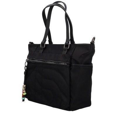 Mala preta de tecido com alças finas e bolso frontal com fecho