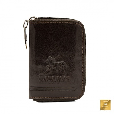 Carteira de pele castanha escura com relevo e fecho de correr