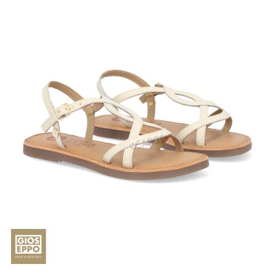 Sandálias femininas brancas creme com tiras finas e sola castanha