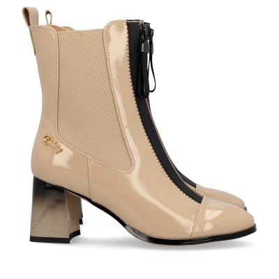 Bota de senhora bege em verniz com salto e fecho preto