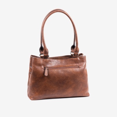 Mala de senhora em pele sintética marrom com textura vincada e alças