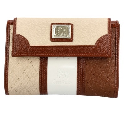 Carteira bege e castanha com detalhes em couro e placa Cavalinho