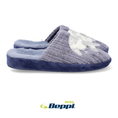 Chinelos de quarto femininos azuis com decoração floral e interior felpudo