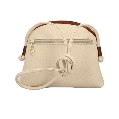 Mala feminina pequena bege com detalhes castanhos e fecho dourado