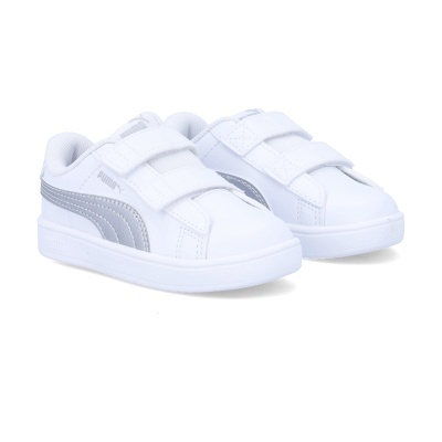 Sapatilhas brancas PUMA para criança com tiras em velcro e detalhe cinzento