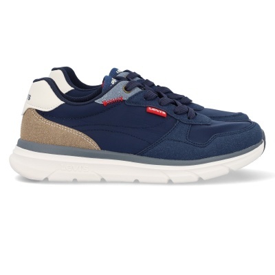 Ténis Levis azuis e bege com sola branca e etiqueta vermelha