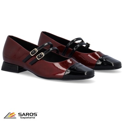 Sapatos de senhora bordeaux e pretos em verniz com tiras e fivelas