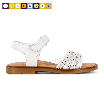 Sandália branca de criança com recortes florais e sola castanha