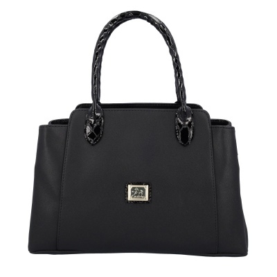 Mala preta de senhora com alças trançadas e placa metálica frontal