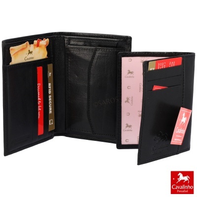 Carteira preta Cavalinho tril-fold com vários compartimentos para cartões e notas