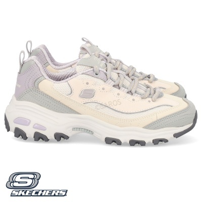 Sapatilhas Skechers bege e cinza lado a lado sobre fundo branco com logótipo Skechers