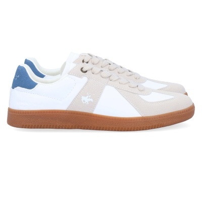 sapatilhas brancas com detalhes em bege e azul e sola castanha