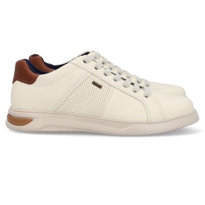 Sapatilhas de couro branco com detalhes marrons e sola branca